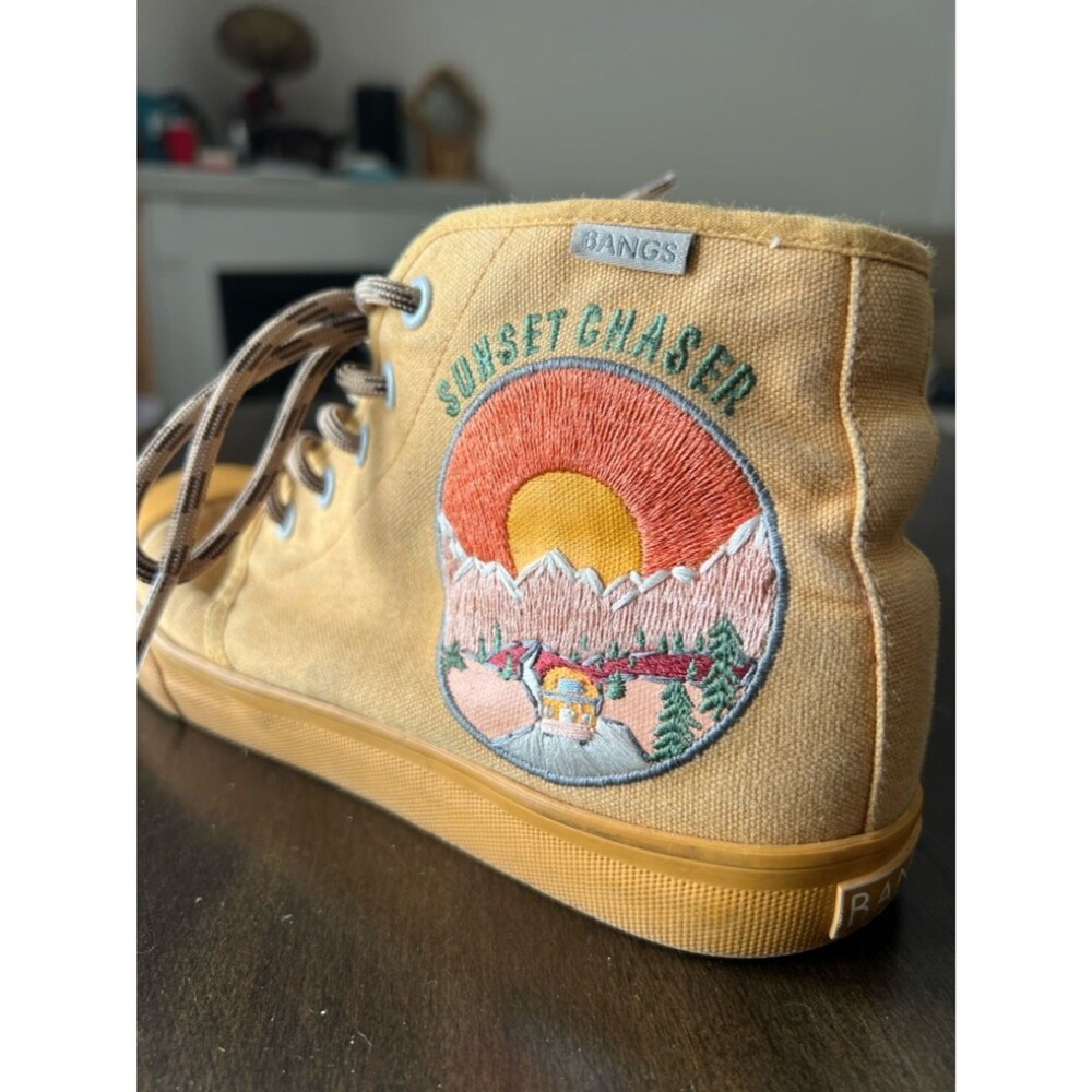 Bangs "Sunset Chaser" Yellow Canvas High-Top Sneakers embroidered sz 7